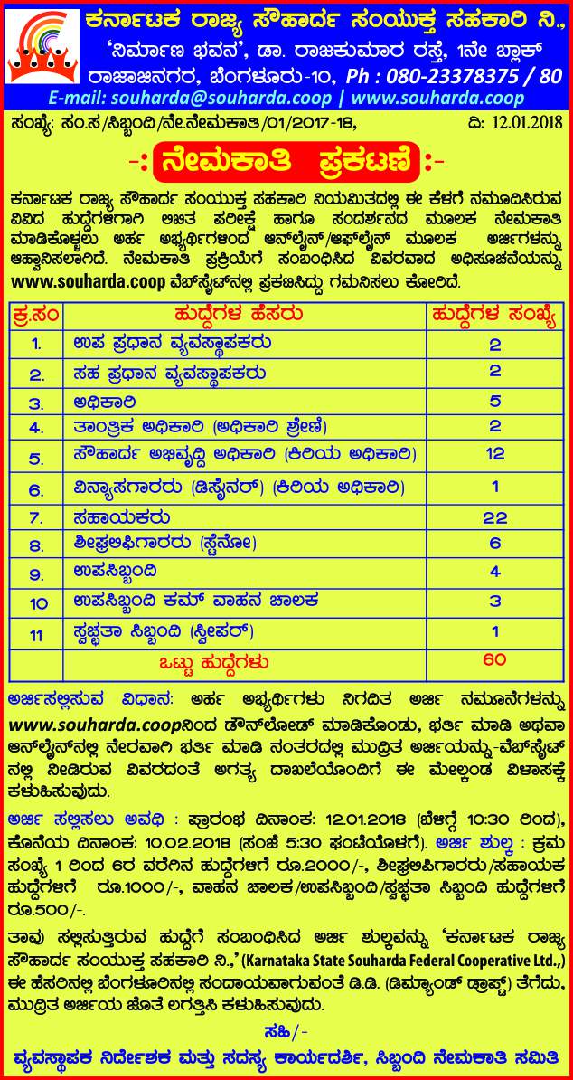 Karnataka State Souharda Federal Cooperative Ltd Recruitment